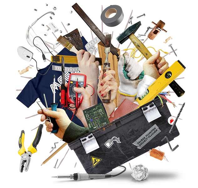 Collage aus unterschiedlichsten Werkzeugen und Händen, die Werkzeuge halten © Schafferei – Offene Werkstatt Göppingen e.V.