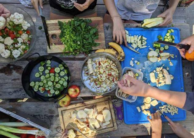 Viele Hände über einem Tisch, die Obst und Gemüse schneiden – c_Drohsel