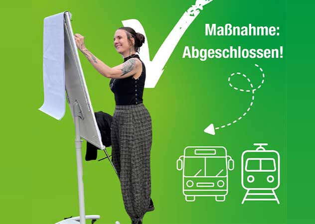Michelle Peschke vom TEAM KLIMA steht an einem Flipchart. Im Hintergrund steht "Maßnahme: Abgeschlossen" 